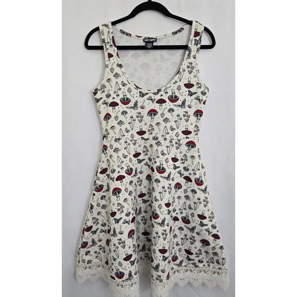 Hot Topic Mushroom Moth Print‎ Skater Dress Women's M Lace Trim Cottagecore Goth - Picture 2 of 9